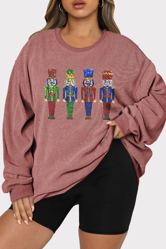 Pink Christmas Pattern Corded Plus Size Graphic Sweatshirt - Eloy Royal