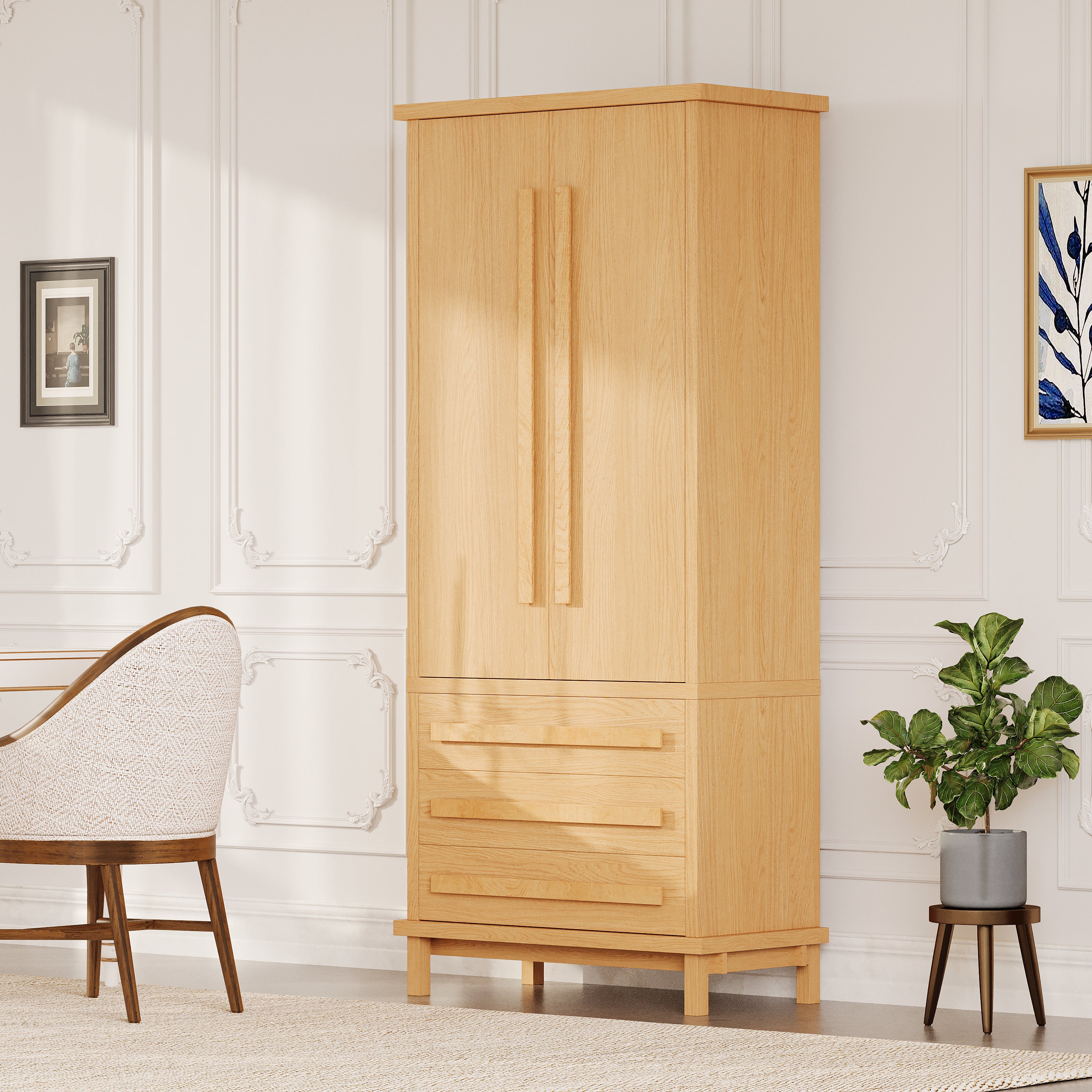 70' Kitchen Pantry Cabinet with 2 Cabinet Shelves,Luxurious Wooden Cupboard with 6 Door Shelves and 3 Drawers for Kitchen, Dining Room,Natural