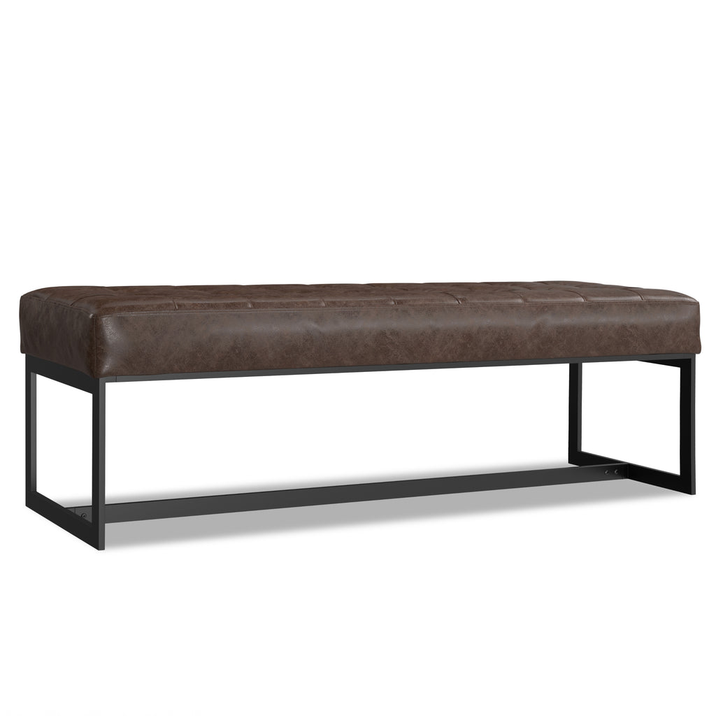 Penelope Leather Ottoman Bench in Brown with Genuine Leather Upholstery and Metal Base, 18' D x 56' W x 18' H