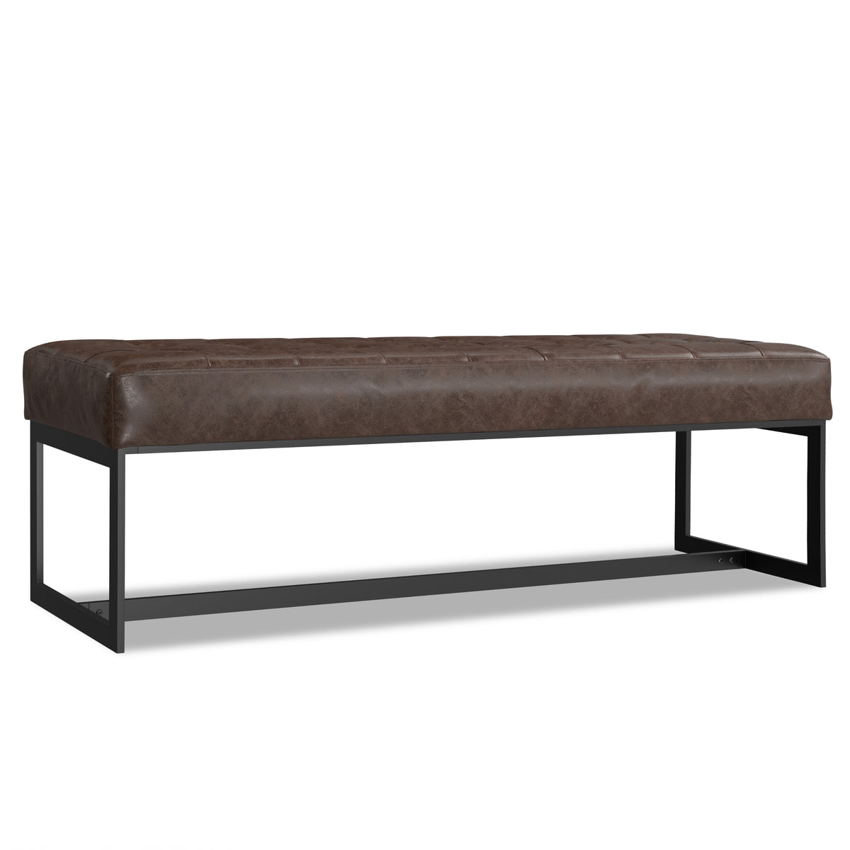 Penelope Leather Ottoman Bench in Brown with Genuine Leather Upholstery and Metal Base, 18' D x 56' W x 18' H