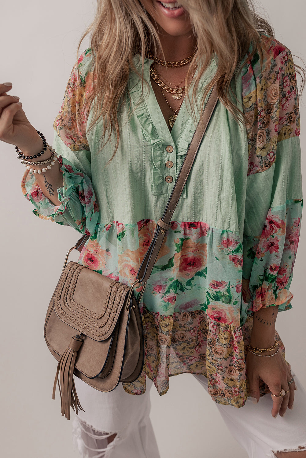 Green Floral Patchwork Frilled Split Neck Blouse - Eloy Royal