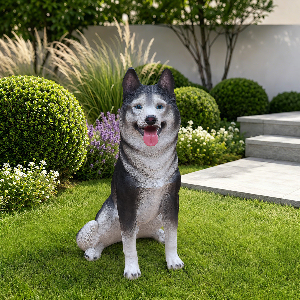 Lifelike Husky Dog Statue, Realistic Resin Animal Figurine for Indoor Outdoor Garden Lawn Yard Home Decor, Art Craft Gift, Grey+White
