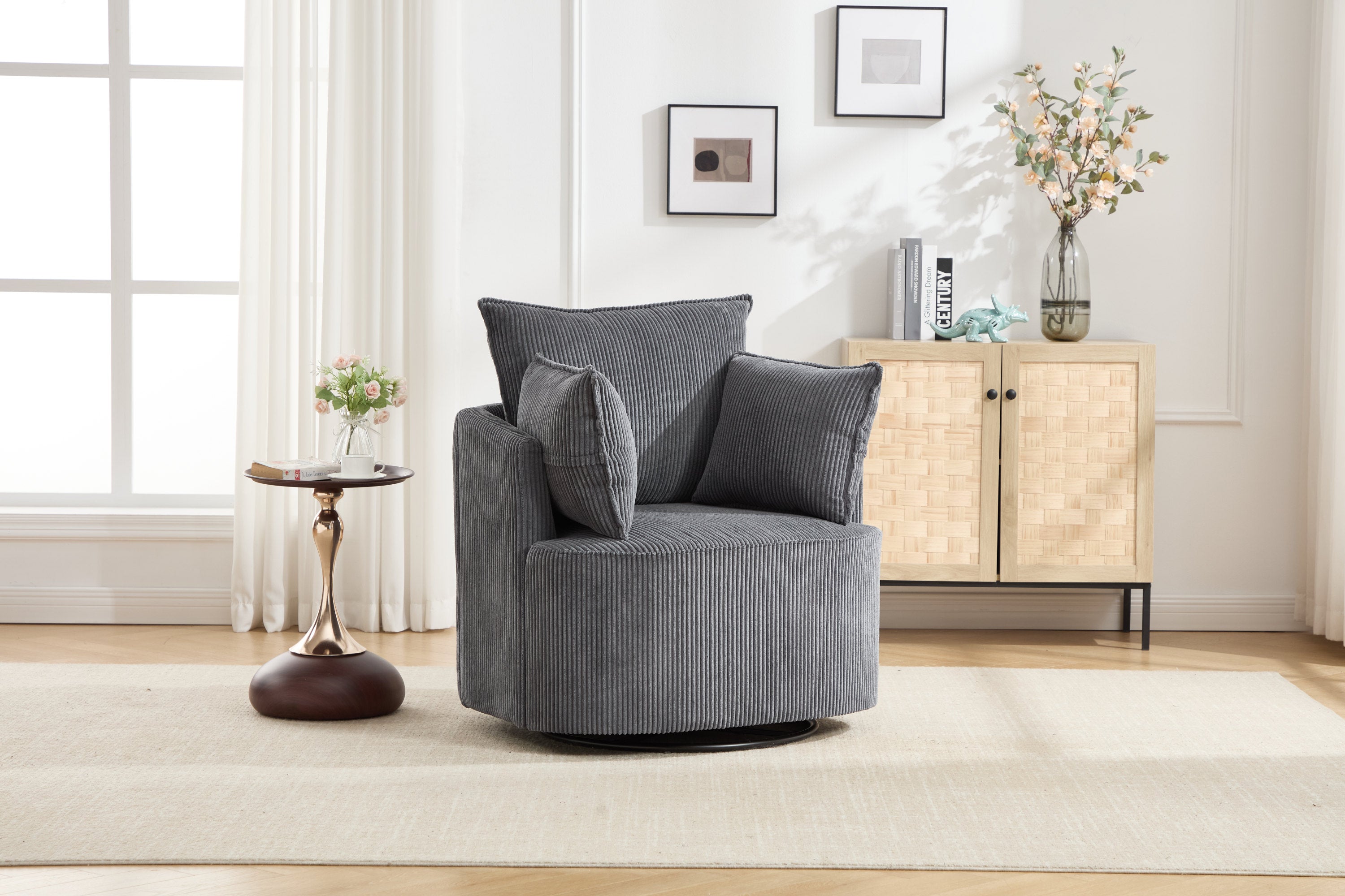 Grey Swivel Accent Chair,Round Swivel Barrel Chair,Armchair Upholstered Living Room Chair Corduroy Reading Chair Single Sofa Chair for Bedroom Apartment Office