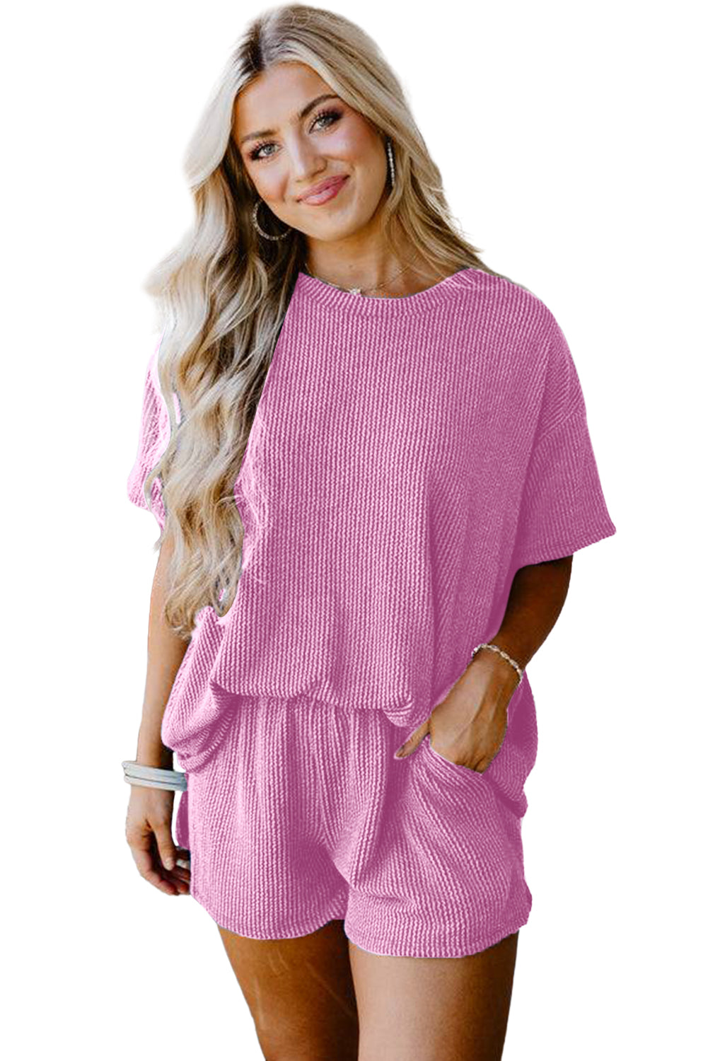 Phalaenopsis Ribbed Textured Loose Fit Tee & Shorts Set - Eloy Royal