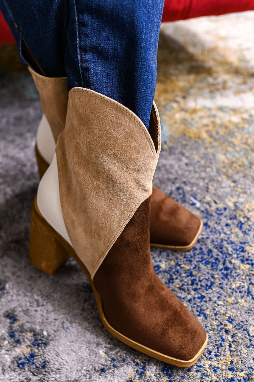 Chestnut Colorblock Suede Heeled Ankle Booties