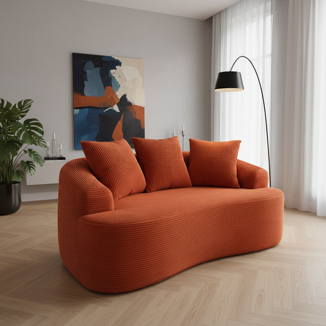 65.35' Curved Loveseat Sofa with Pocket Spring Cushions for Soft Seating, Small Space Couch with 3 Throw Pillows, No Assembly Needed, Red Orange