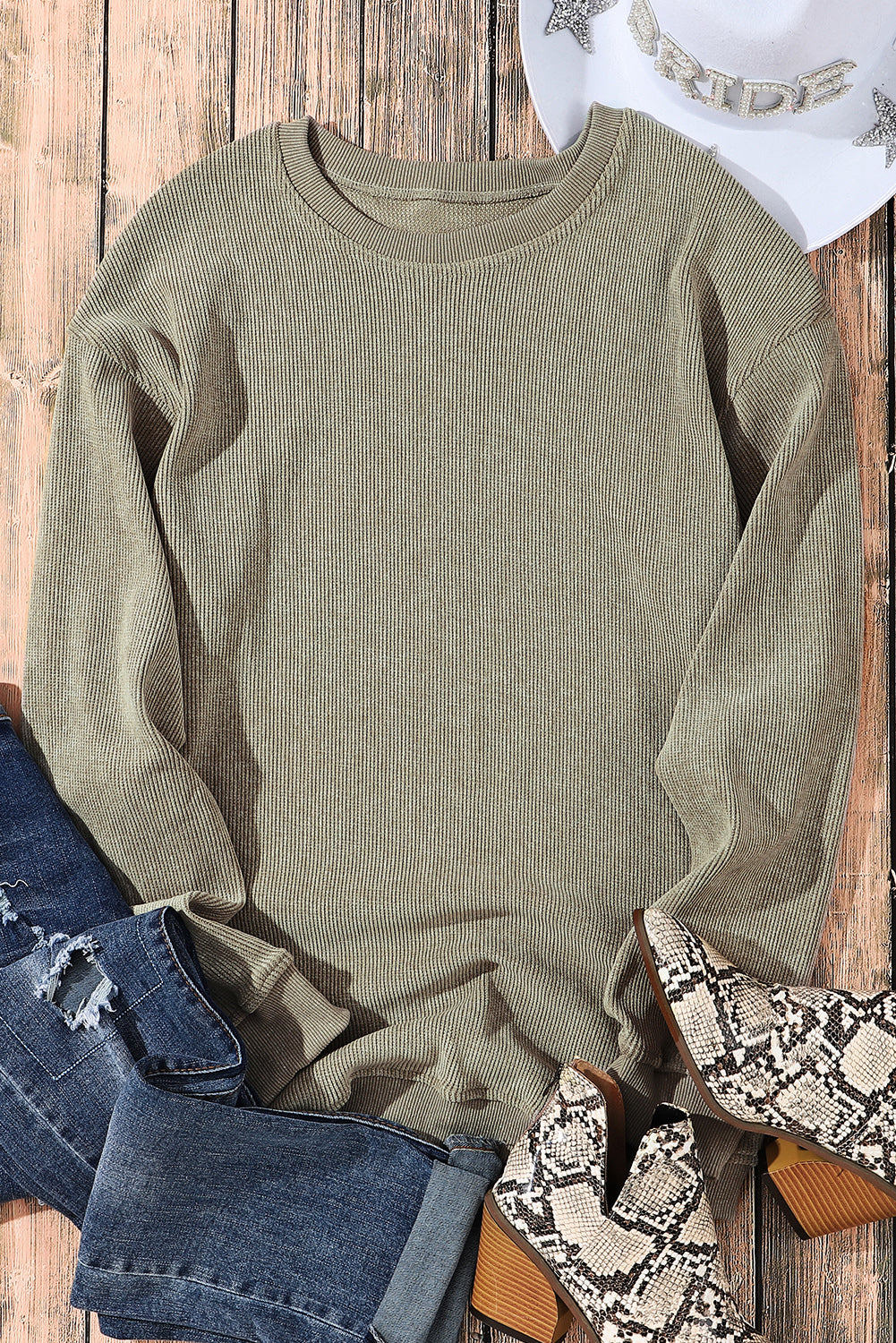 Khaki Solid Ribbed Round Neck Pullover Sweatshirt - Eloy Royal