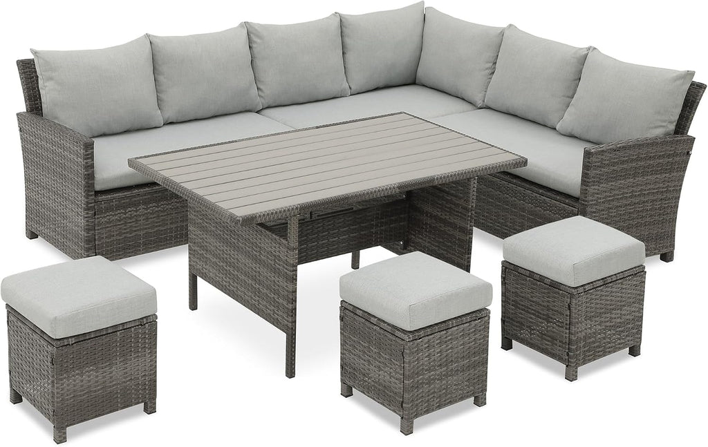 Patio Furniture Set, 7 Piece High Curved Back Outdoor Dining Sectional Sofa with Dining Table and Chair, All Weather Wicker Conversation Set with Ottoman, Grey