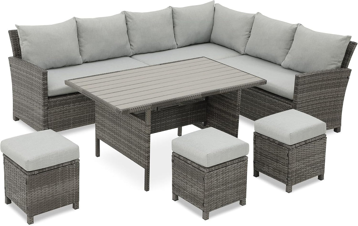 Patio Furniture Set, 7 Piece High Curved Back Outdoor Dining Sectional Sofa with Dining Table and Chair, All Weather Wicker Conversation Set with Ottoman, Grey