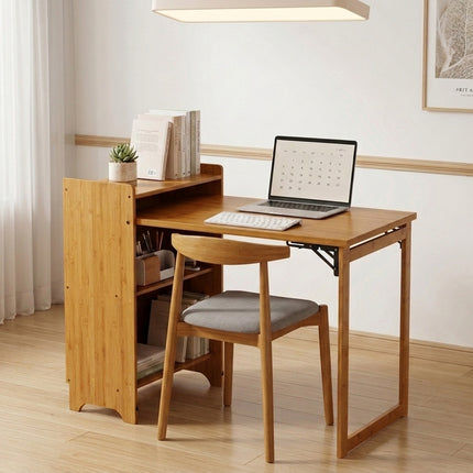 Bamboo Folding Desk, Foldable Desk for Small Space, Computer Desk with Hidden Storage, Mid Century Foldable Table for Home Office and Bedroom (NATURAL WOOD)