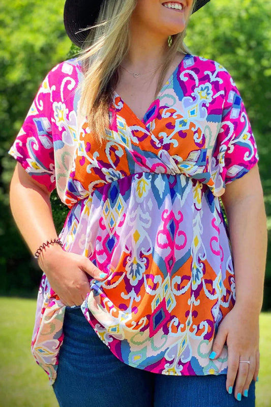 Multicolour Dreamy Abstract Print Wrap V Neck Plus Babydoll Blouse - Eloy Royal