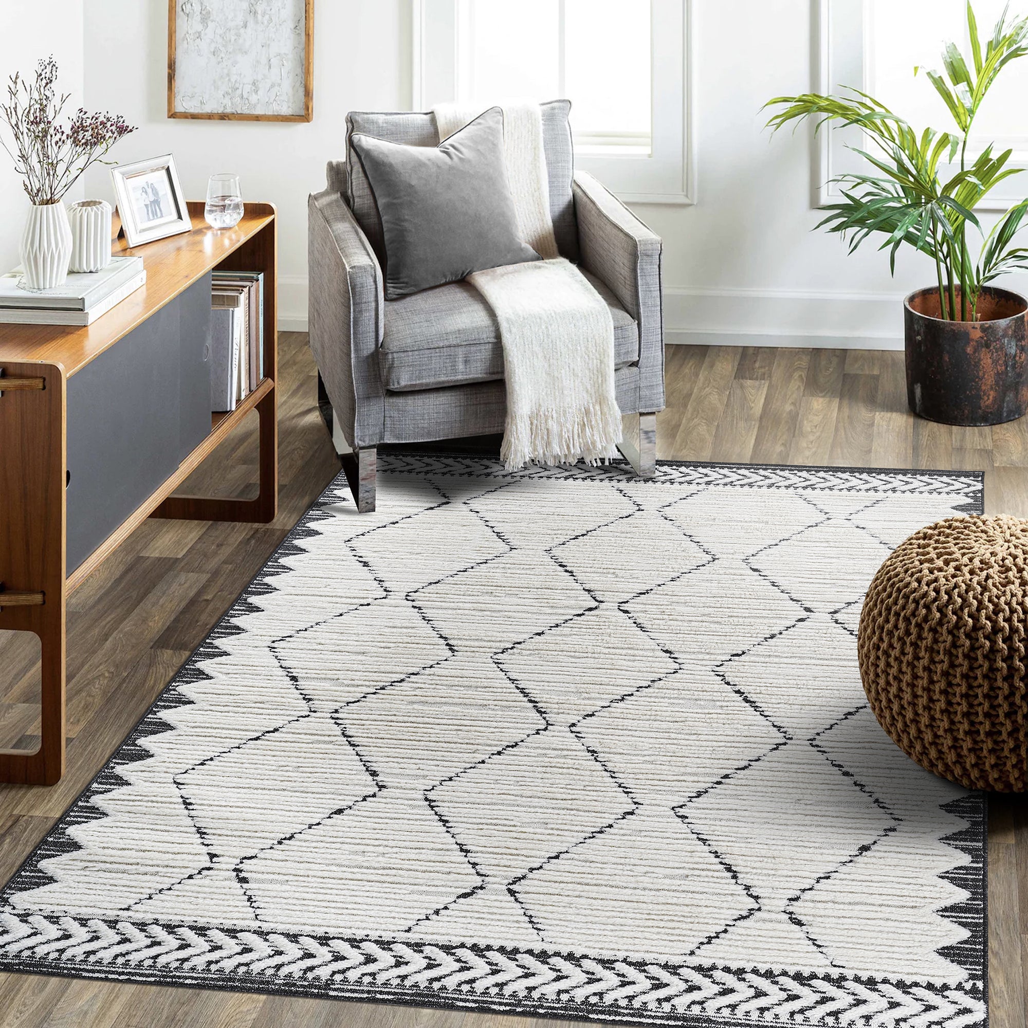 Step Collection High-Low Trellis Cream/Anthracite Indoor Area Rug, 9'x12', Modern, Contemporary, Geometric, Bohemian, Bedroom, Kitchen, Living Room, Non Shedding Carpet