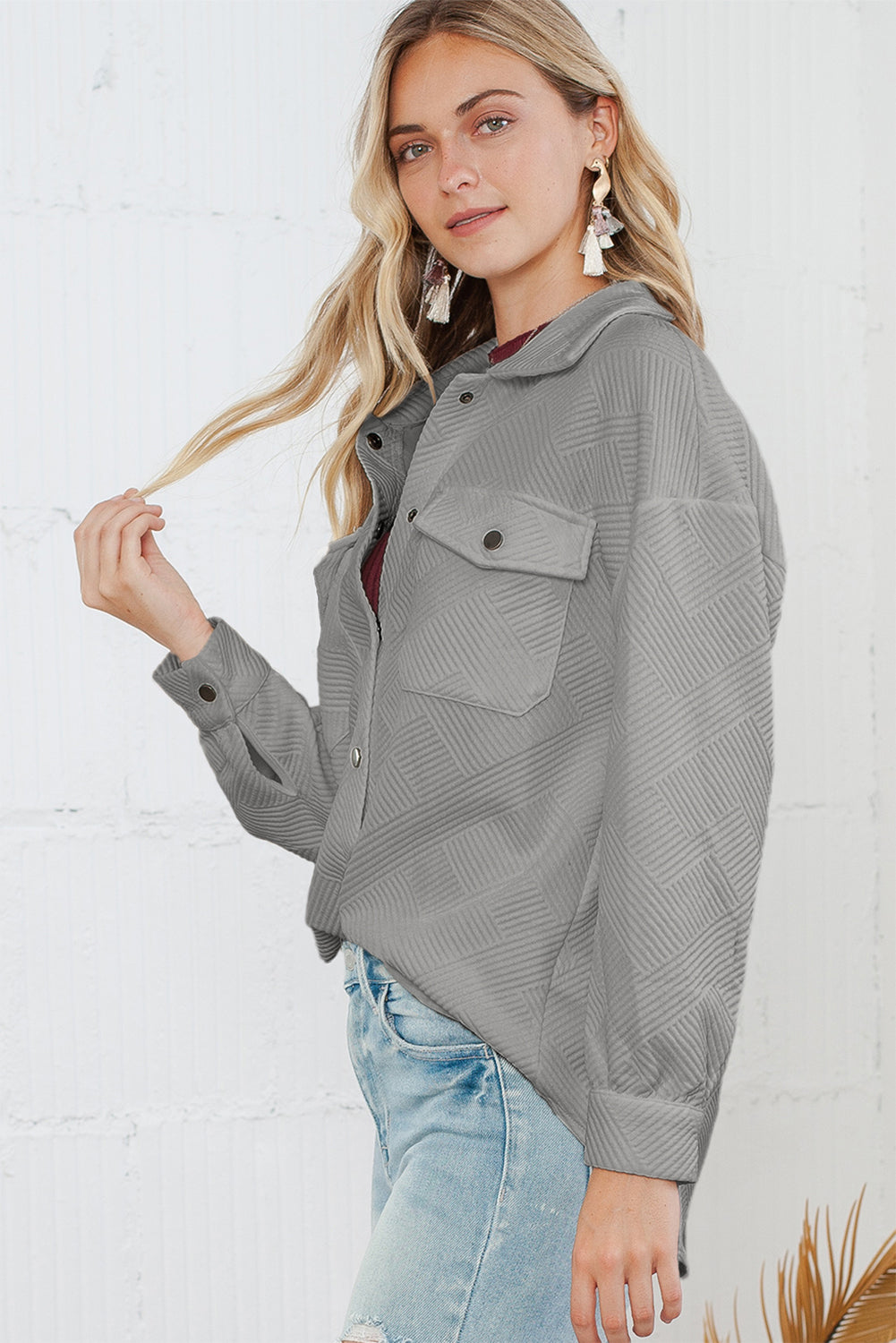 Wholesale Gray Solid Textured Flap Pocket Buttoned Shacket - Eloy Royal