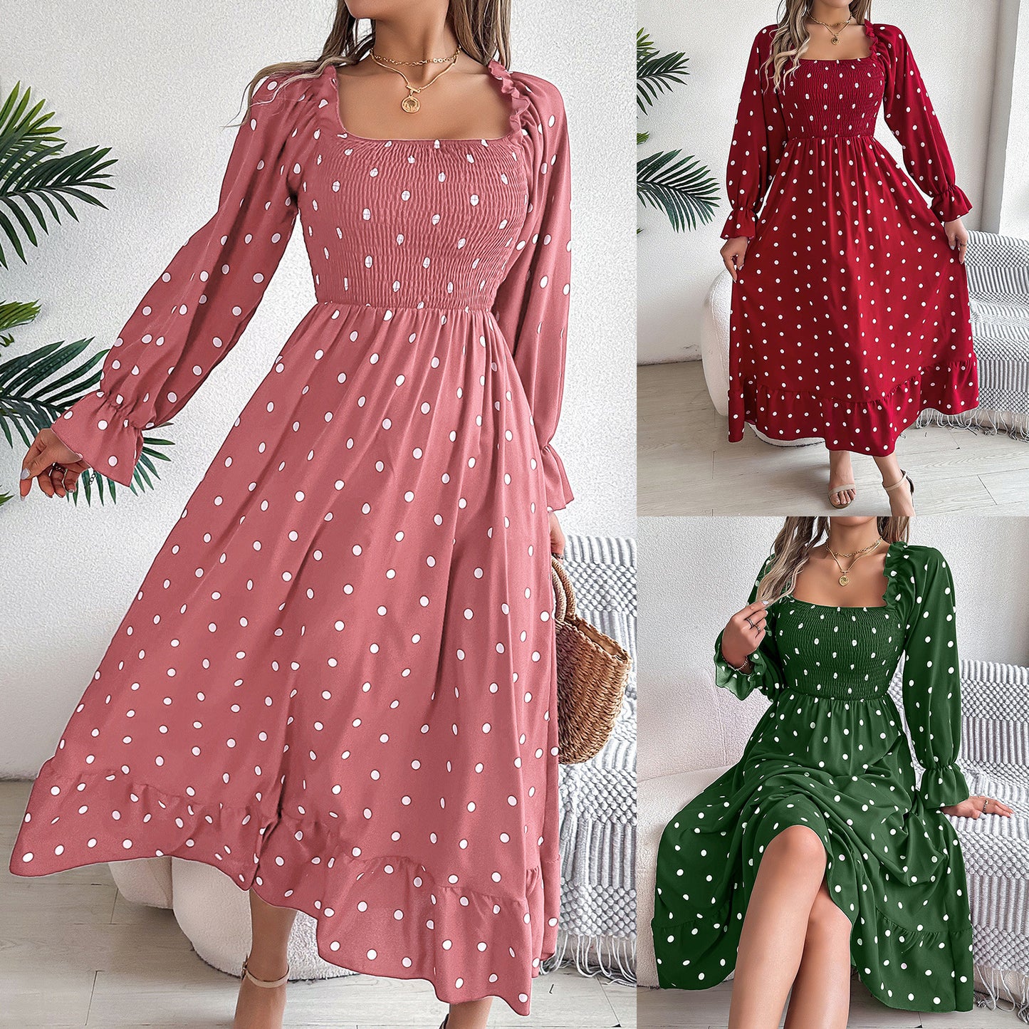 Casual Square Collar Polka Dot Swing Dress With Wooden Ears