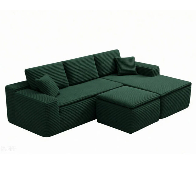 106.5' L-Shaped Corduroy Upholstered 3-Seat Lounge Sofa with Seat Cushion&Ottoman, Right Hand Facing