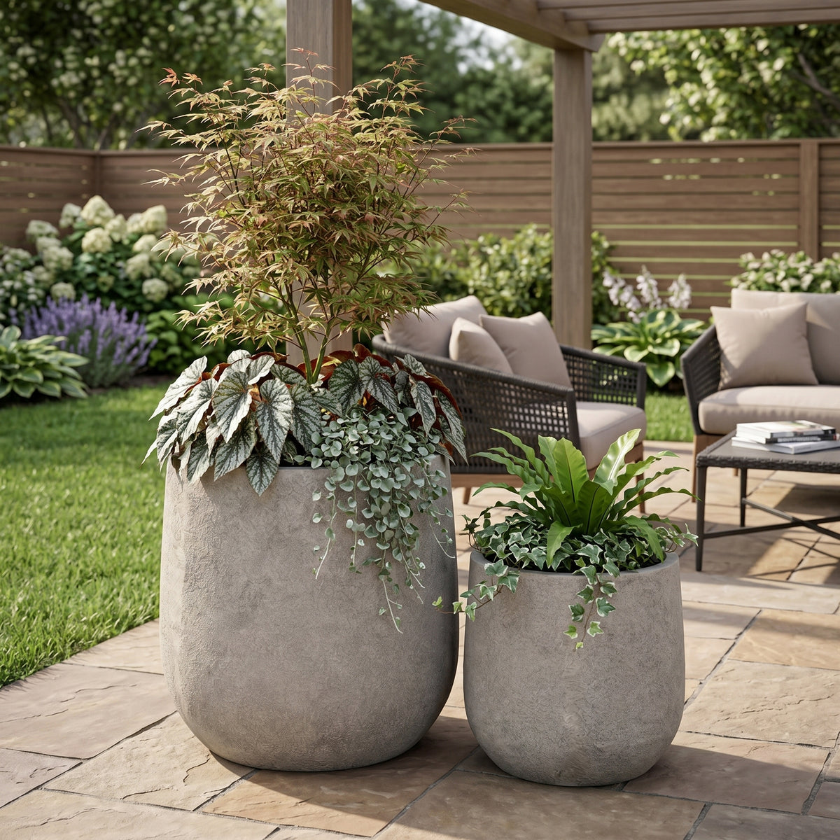 Round Concrete Planter Set of 2, Large Outdoor Indoor Handmade Rustic Decorative Planter Pots Containers with Drainage Holes for Home Garden Patio, 13' x 13' & 17' x 17' (antique grey)