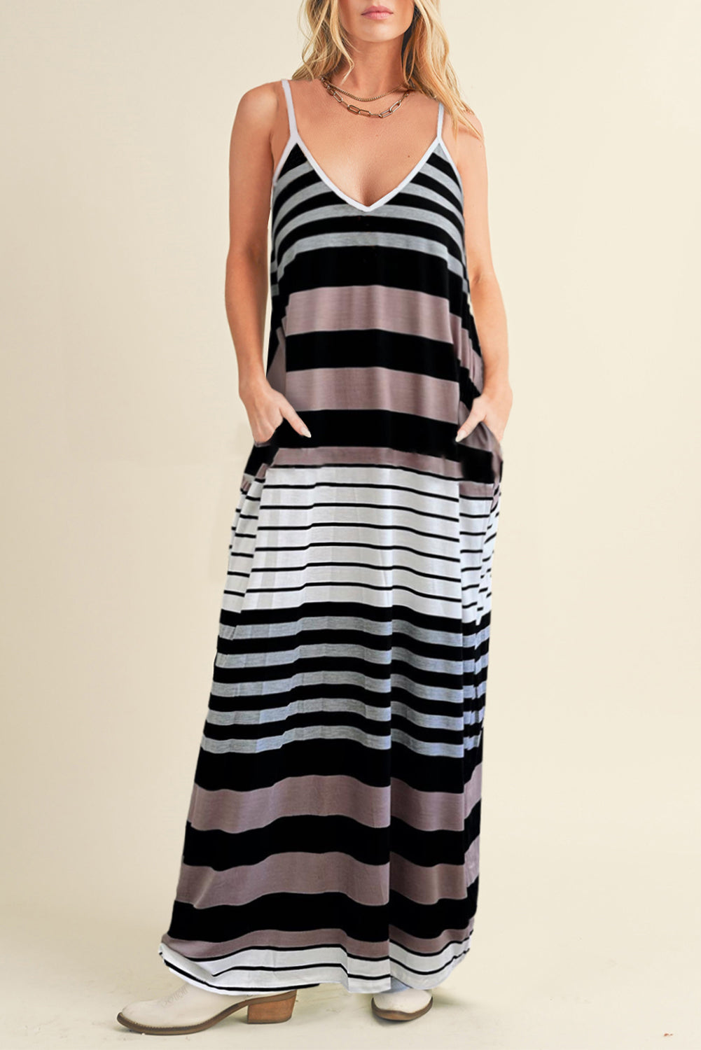 Multicolour Stripes Spaghetti Straps V Neck Maxi Dress - Eloy Royal