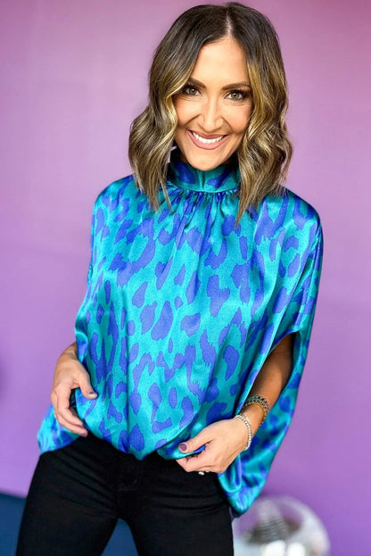 Blue Leopard Print Loose Batwing Sleeve Mock Neck Blouse - Eloy Royal