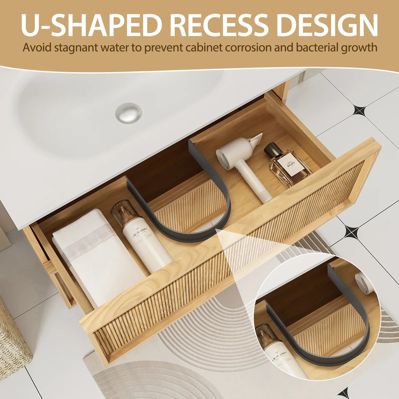 24-Inch Floating Bathroom Vanity with Sink - Natural Oak Fluted Front, Multi-Layer Solid Wood, Wall-Mounted, White Stone Top, 2 Soft-Close Drawers - Eloy Royal