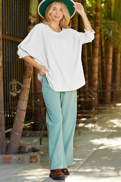 White Plain & Casual Shirred Cuffs Half Sleeve Top - Eloy Royal