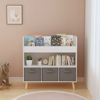 Modern Kids Bookshelf with 3 Fabric Bins, White and Gray Storage Shelf for Toys and Books, Ideal for Playroom, Bedroom, or Nursery - Eloy Royal