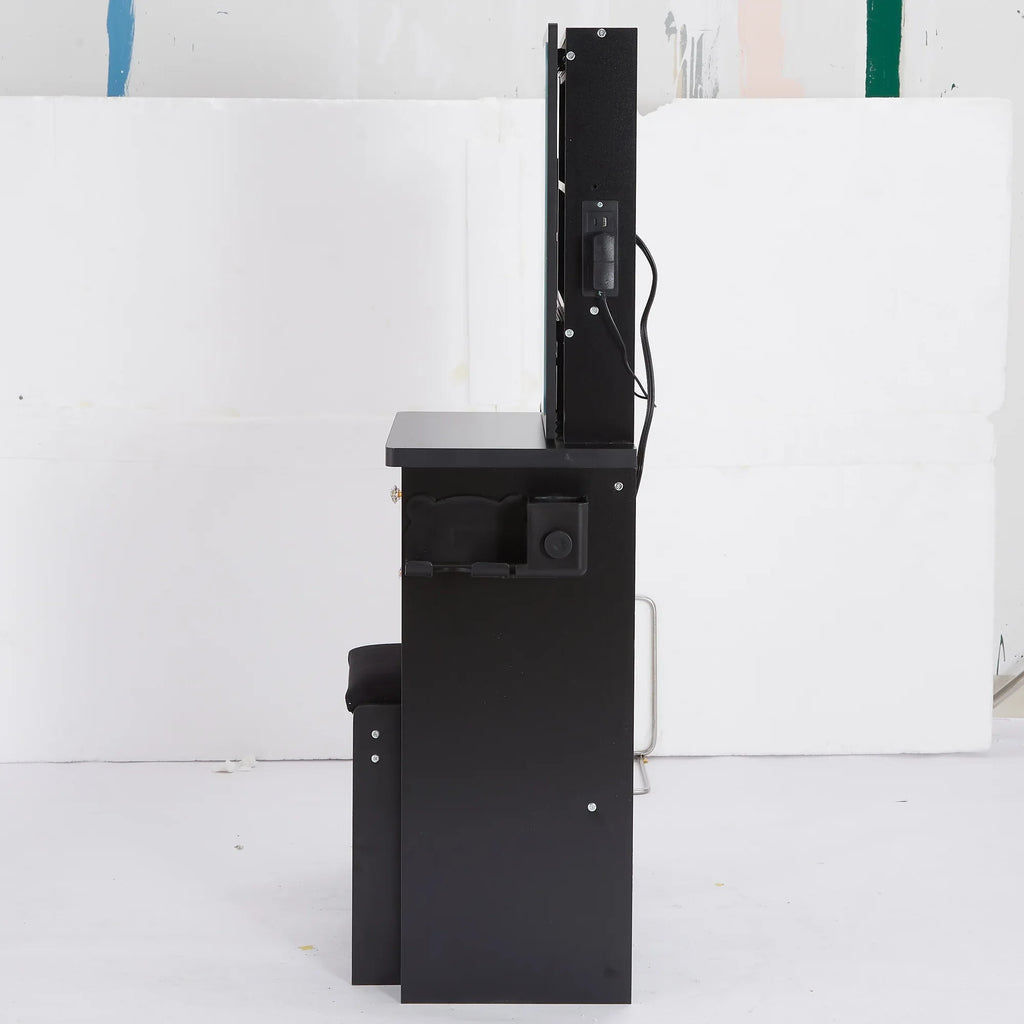 29.2' Small Size Left Bedside Cabinet Vanity Table + Cushioned Stool, 2 AC+2 USB Power Station, Hair dryer bracket, Extra Large Touch Control Sliding LED Mirror, Tri-color Switching, Brightness Adjust - Eloy Royal