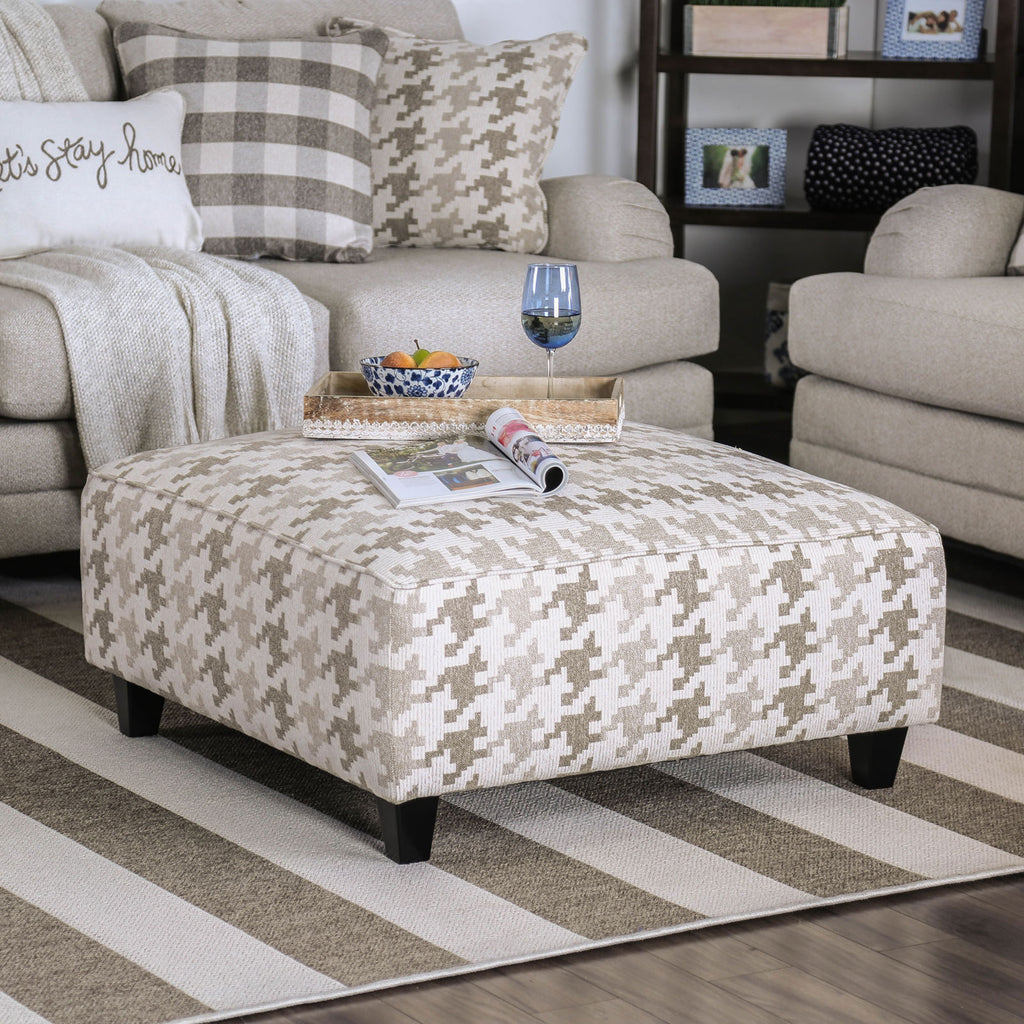 Transitional Style Square Upholstery Ottoman Welt Trim Bun Feet Light Gray Finish