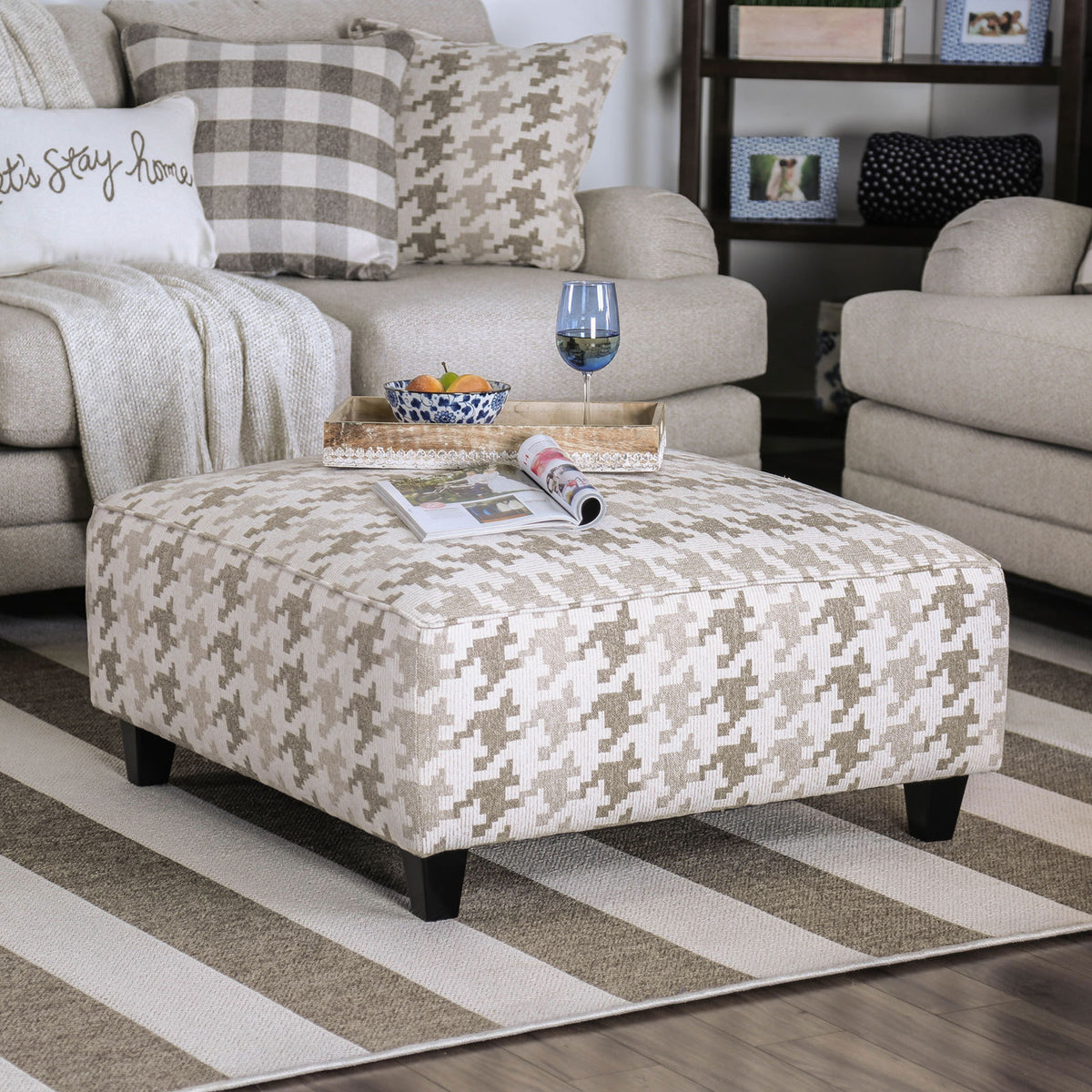 Transitional Style Square Upholstery Ottoman Welt Trim Bun Feet Light Gray Finish