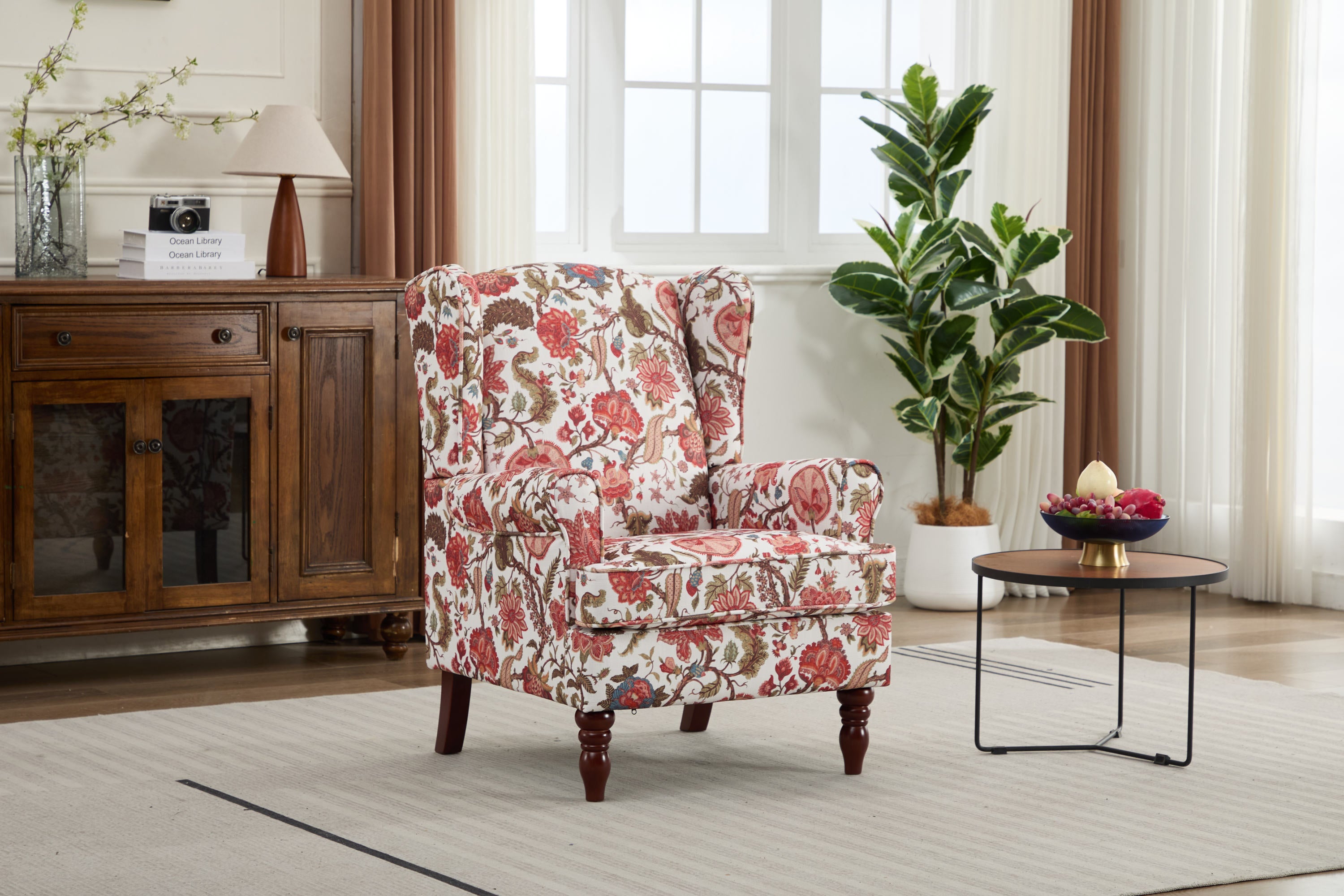 Modern Accent Chair with Retro Wood Legs, Comfy Upholstered Armchair, Floral Design Single Sofa Chair for Living Room Bedroom Office - Floral Red