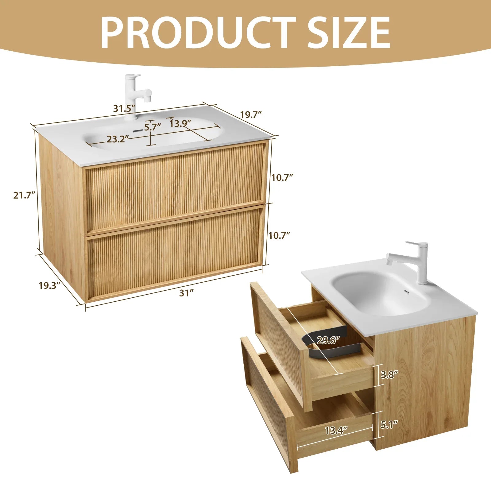 36-Inch Floating Bathroom Vanity with Sink - Natural Oak Fluted Front, Multi-Layer Solid Wood, Wall-Mounted, White Stone Top, 2 Soft-Close Drawers - Eloy Royal