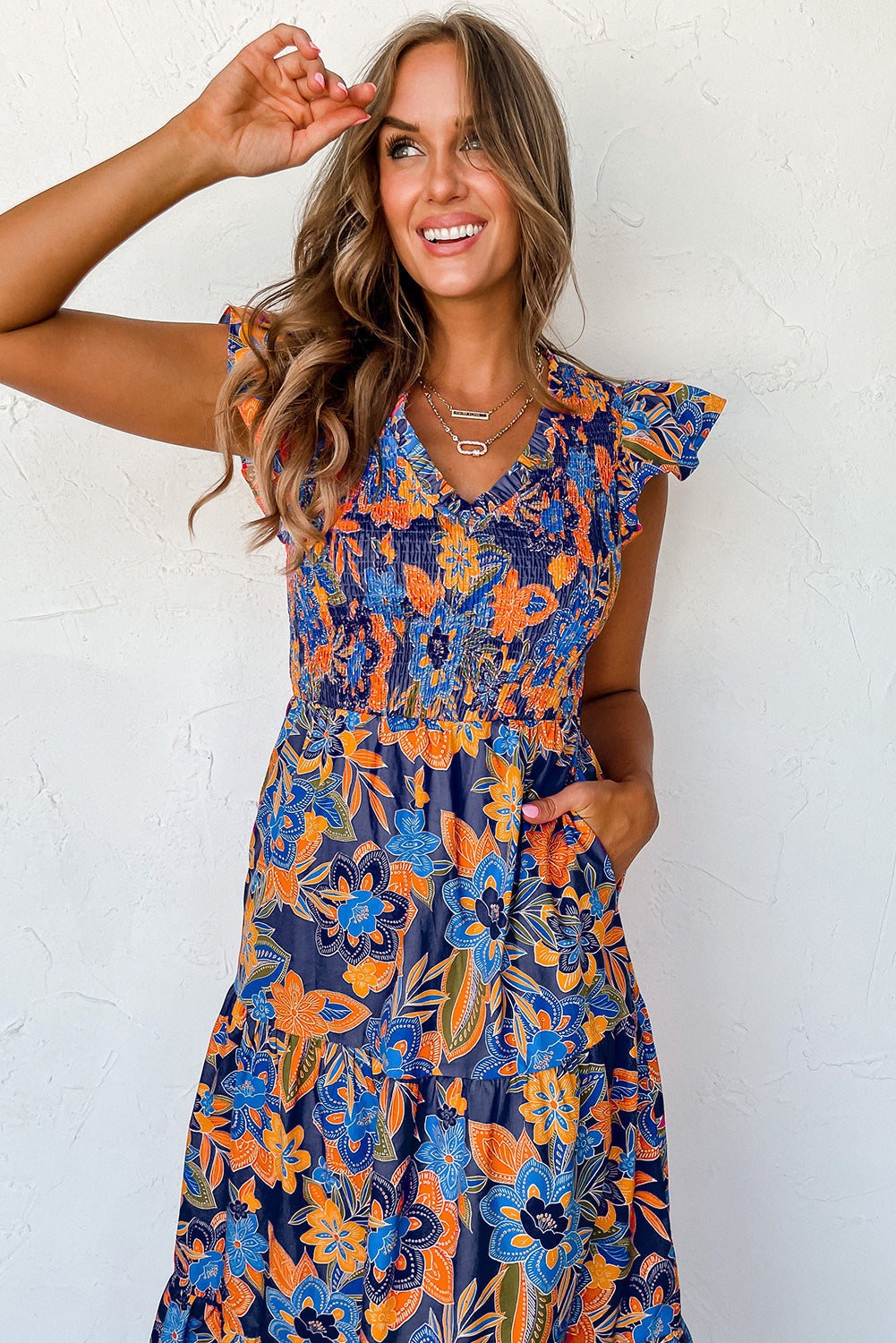 Dark Blue Boho Floral V Neck Ruffle Tiered Long Dress - Eloy Royal