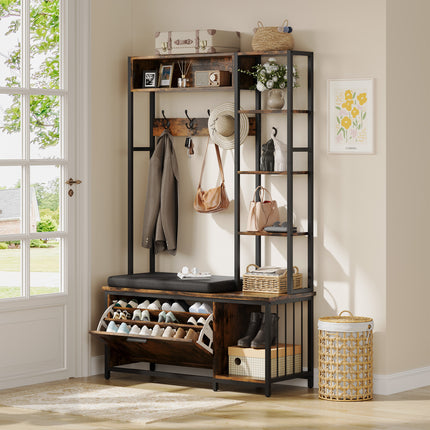 Hall Tree Coat Rack, Hall Tree With Bench and Shoe Storage, Mud Room Storage Furniture, 39.37 X 15.74 X 69.69 Inches, Brown