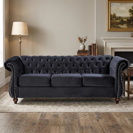 Chesterfield 3-Seater Crushed Velvet Sofa, Button Tufted Couch with Rolled Arms, High Density Foam & Spring Support, Wood Tapered Legs, Includes Matching Bolster for Living Room