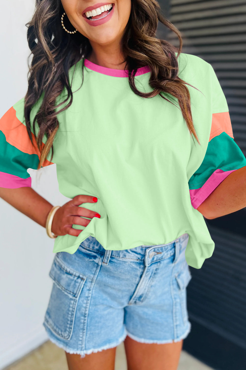 Green Color Block Sleeve Round Neck Oversize Top - Eloy Royal