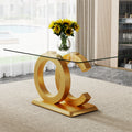 Large modern minimalist rectangular glass dining table suitable for 6-8 people, equipped with 0.39 'tempered glass tabletop, gold MDF OC shaped bracket and gold base, suitable for kitchen.W1151S01329