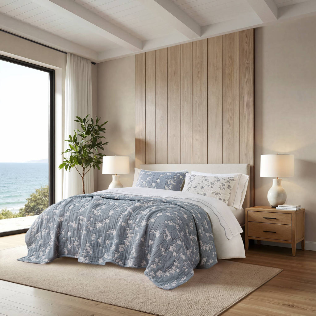 3 Pieces King Jacquard Cotton Gauze Quilt Set,Blue