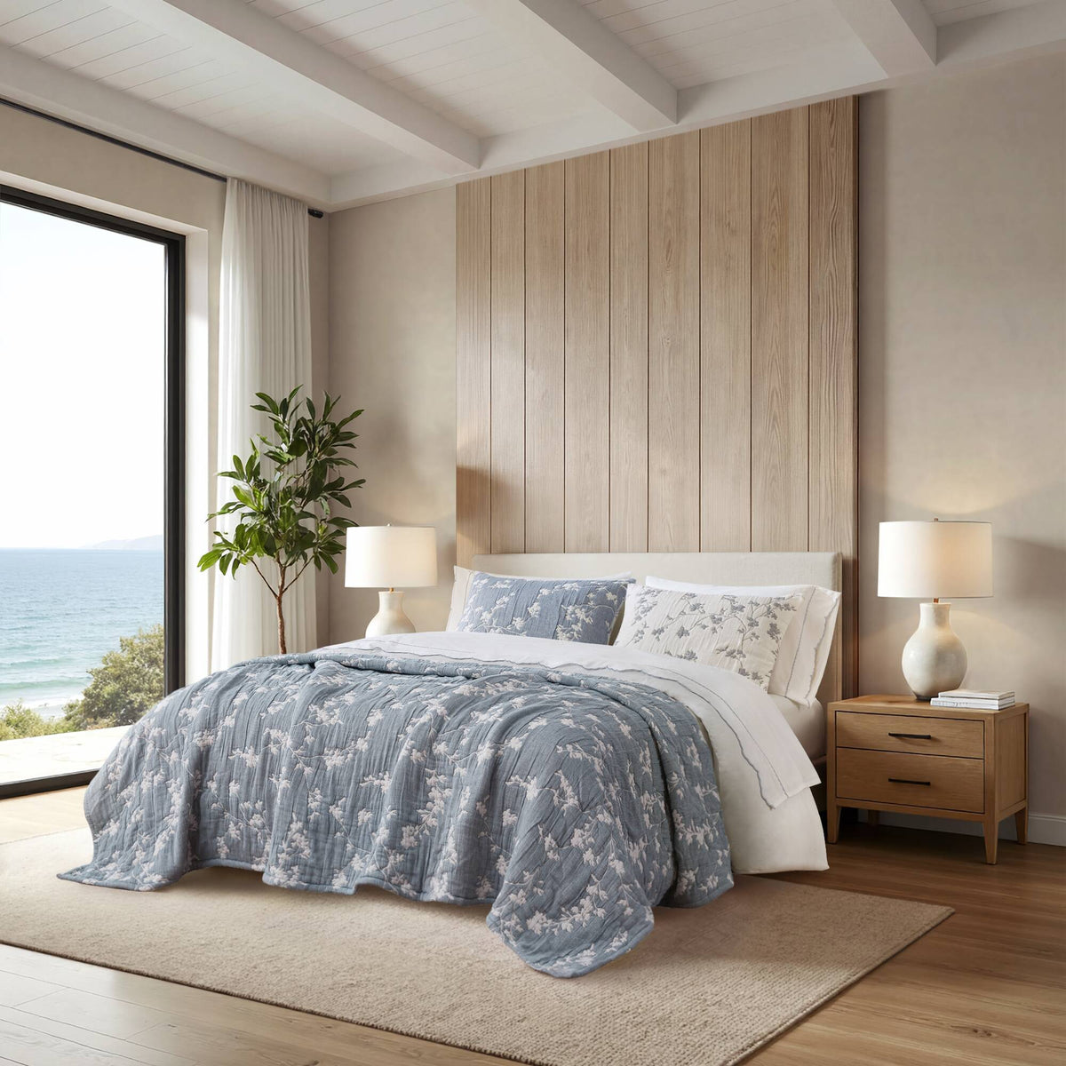 3 Pieces King Jacquard Cotton Gauze Quilt Set,Blue