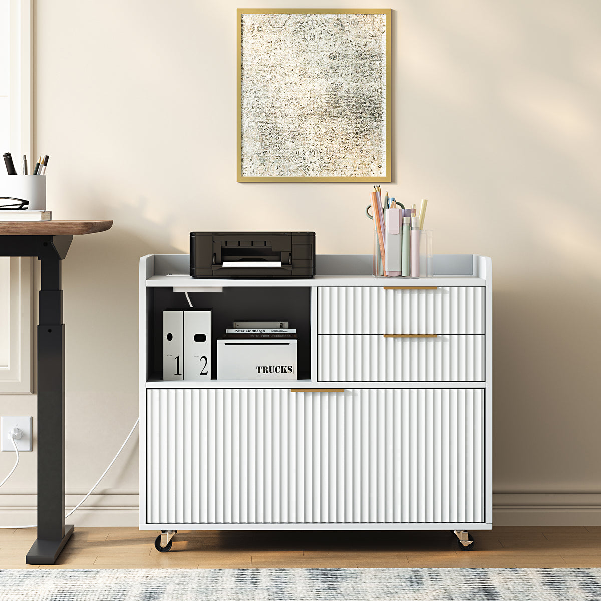 Mobile Office File Cabinet with Charging Station & Multi Drawers, Open Storage Compartment, for Home & Office Use,White