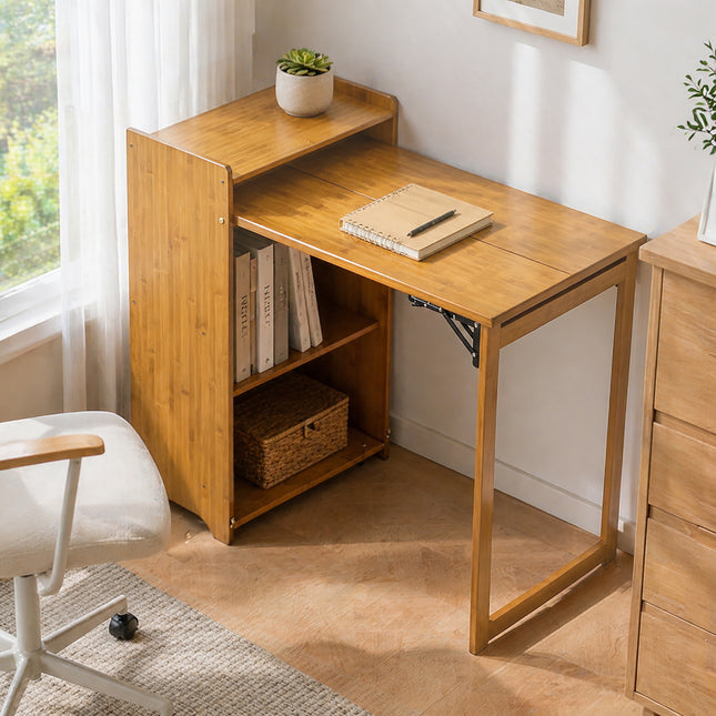 Bamboo Folding Desk, Foldable Desk for Small Space, Computer Desk with Hidden Storage, Mid Century Foldable Table for Home Office and Bedroom (Brown)