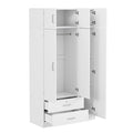 Modern 3-Door Mirror Wardrobe with 2 Drawers and Top Cabinet in White Particle Board