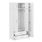 Modern 3-Door Mirror Wardrobe with 2 Drawers and Top Cabinet in White Particle Board