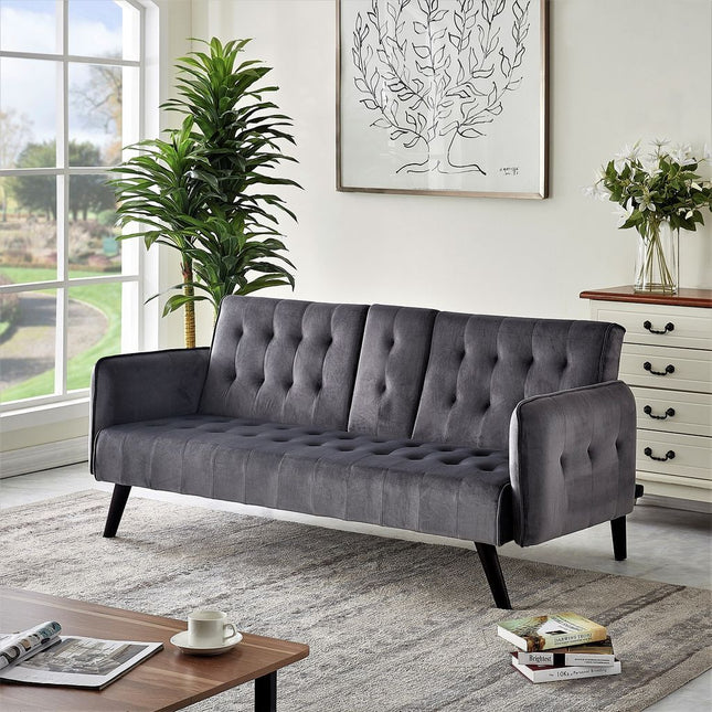 72' Velvet Convertible Sofa Bed with Cup Holders, Tufted Folding Futon Sleeper Couch, Mid-Century Modern 3 Seater for Small Spaces, 72' L x 34.6' D x 31' H, Dark Grey