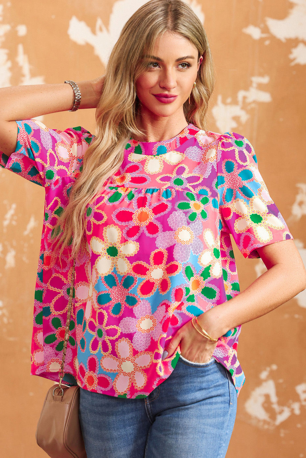 Purple Floral Print Crew Neck Short Sleeve Blouse - Eloy Royal