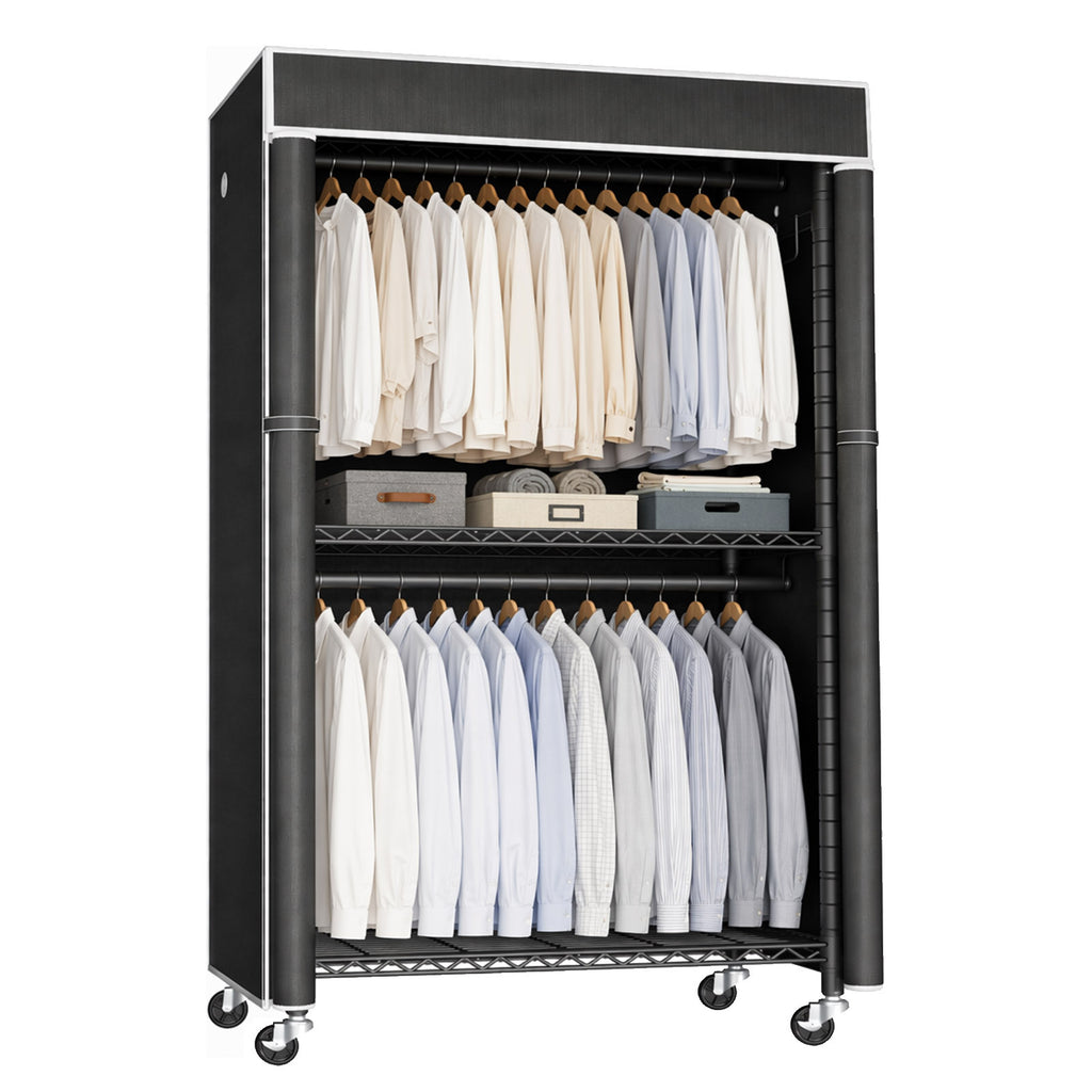 Freestanding Garment Rack with Dust Cover, Single Hanging Rod Metal Clothes Closet with Storage Shelf, Side Hooks & Rolling Wheels, Portable Clothing Wardrobe Organizer for Bedroom Storage