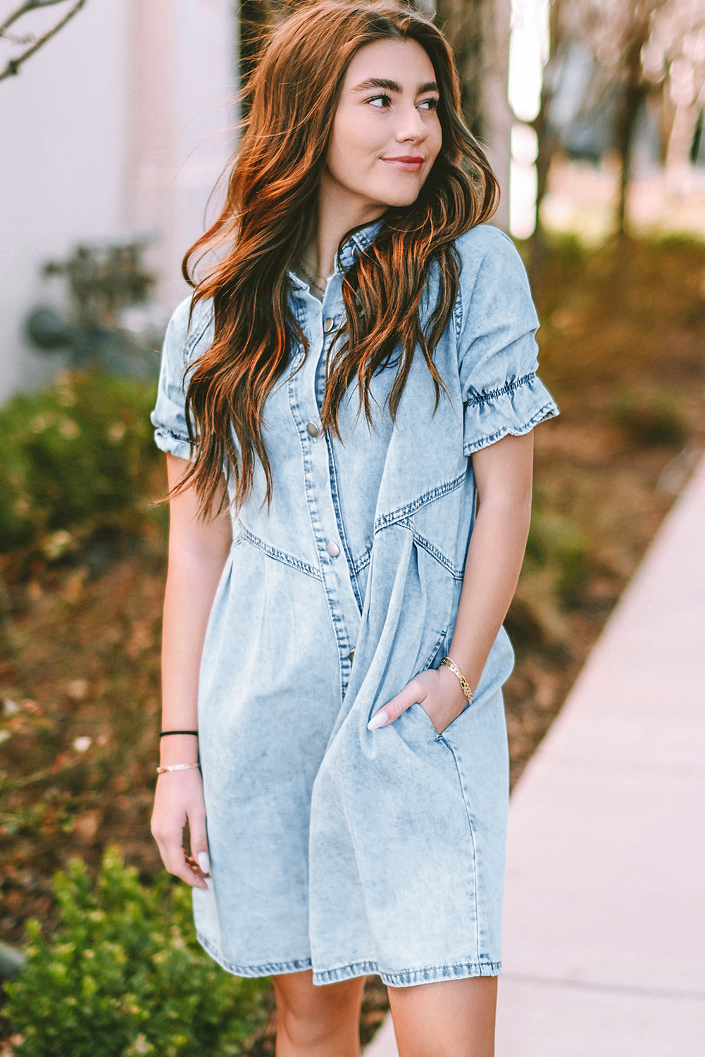 Blue Mineral Washed Ruffled Short Sleeve Pocketed Denim Dress - Eloy Royal