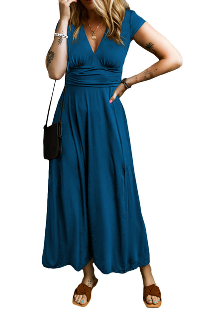 Peacock Blue Deep V Neck Ruched High Waist Maxi Dress - Eloy Royal