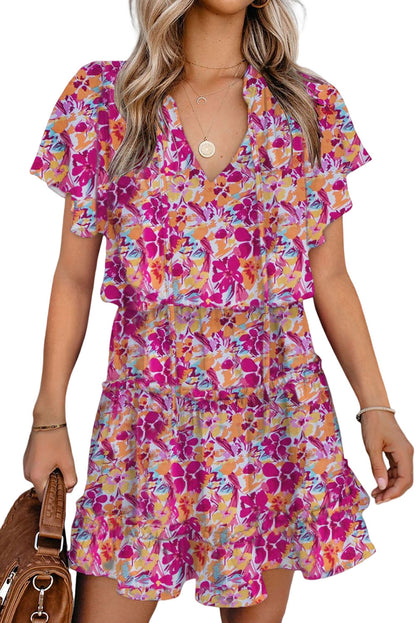 Multicolor Floral Print Tie V Neck Ruffle Short Dress - Eloy Royal