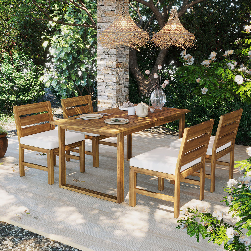 U_STYLE Farmhouse 5-Piece Outdoor Patio Dining Set with Adjustable Legs,Acacia Wood Dinning Set for 4,Suitable for Backyard, Garden, or Deck