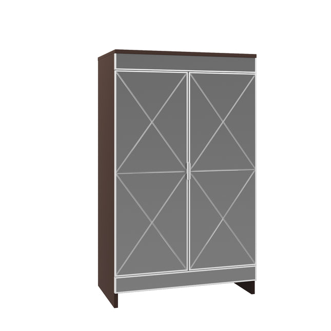 Mirrored Shoe Cabinet with 3 Adjustable Shelves & Ventilation - Double Door Entryway Storage Cabinet, Space Saving Vertical Design, Frosted Glass & MDF, Brown Finish, Silver Metal Handles