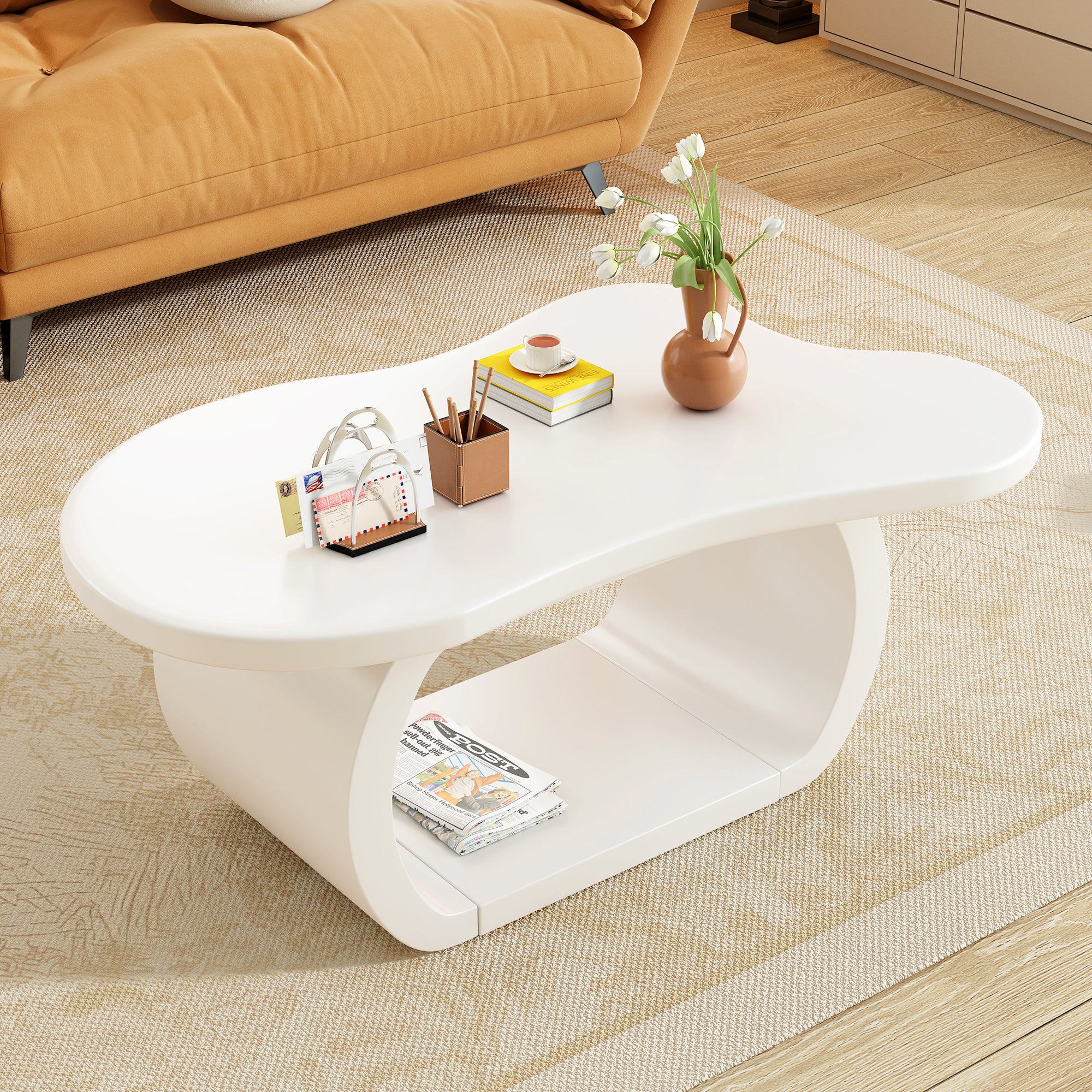 ON-TREND 39.3'*23.6' Modern Cloud Coffee Table with 1.5' Thick Tabletop, Cream Style Irregular End Table with Curved Legs, Unique Design Accent Table with Round Edge for Living Room, Apartment, White